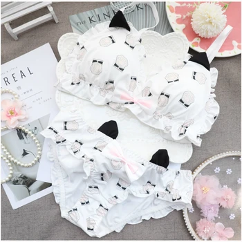 

Japanese Lolita Underwear Set Cute Printed Cat Claw Comfortable Rimless Women's Intimates Bra and Panty Set Sweet Girl Student
