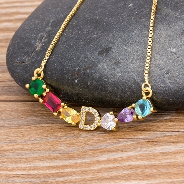 New Design Luxury Initial Alphabet A-Z Letters Charm Rainbow Pendant Necklace Copper Zirconia Choker Family Jewelry Gift