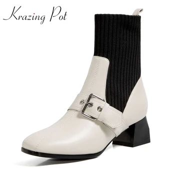 

Krazing Pot hot sale knitting boots genuine leather square toe med heel buckle decorations slip on convenient ankle boots L53