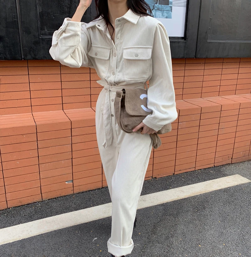 Spring 2020 Corduroy Jumpsuits Romper Women High Fashion Button Jumpsuit Female Casual Overalls