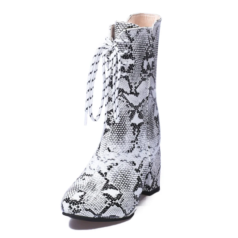 Women's Ankle Boots Snake Printing PU Leather Woman Lace Up Square High Heels Zipper Female Fashion Shoes Ladies Boots A976