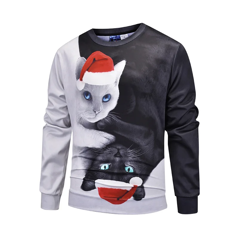 

Black White Cats With Red Hats Sweatshirt Funny 3D Printed Crewneck Sweatshirt Long Sleeve Pullover Autumn Hip Hop Streetwear