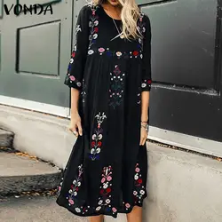2019 VONDA женское винтажное платье с принтом сексуальное с круглым вырезом 3/4 рукав макси длинные платья Плюс Размер Повседневное свободное