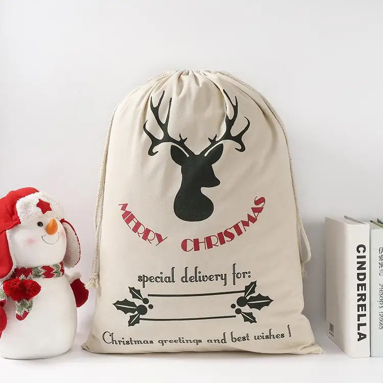 Large Canvas Sack Merry Christmas Xmas Santa Stocking Reindeer Gift Storage Bag 
