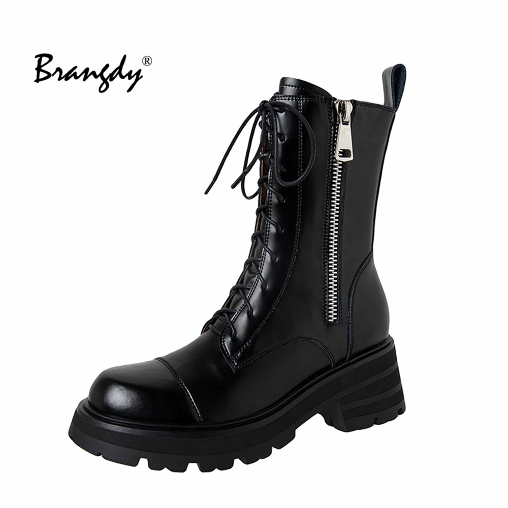 Brangdy Martins Boots For Fashion Ankle Boots Women Cow Leathe Lace-Up Zip Platform Genuine Leather Ladies Winter Boots