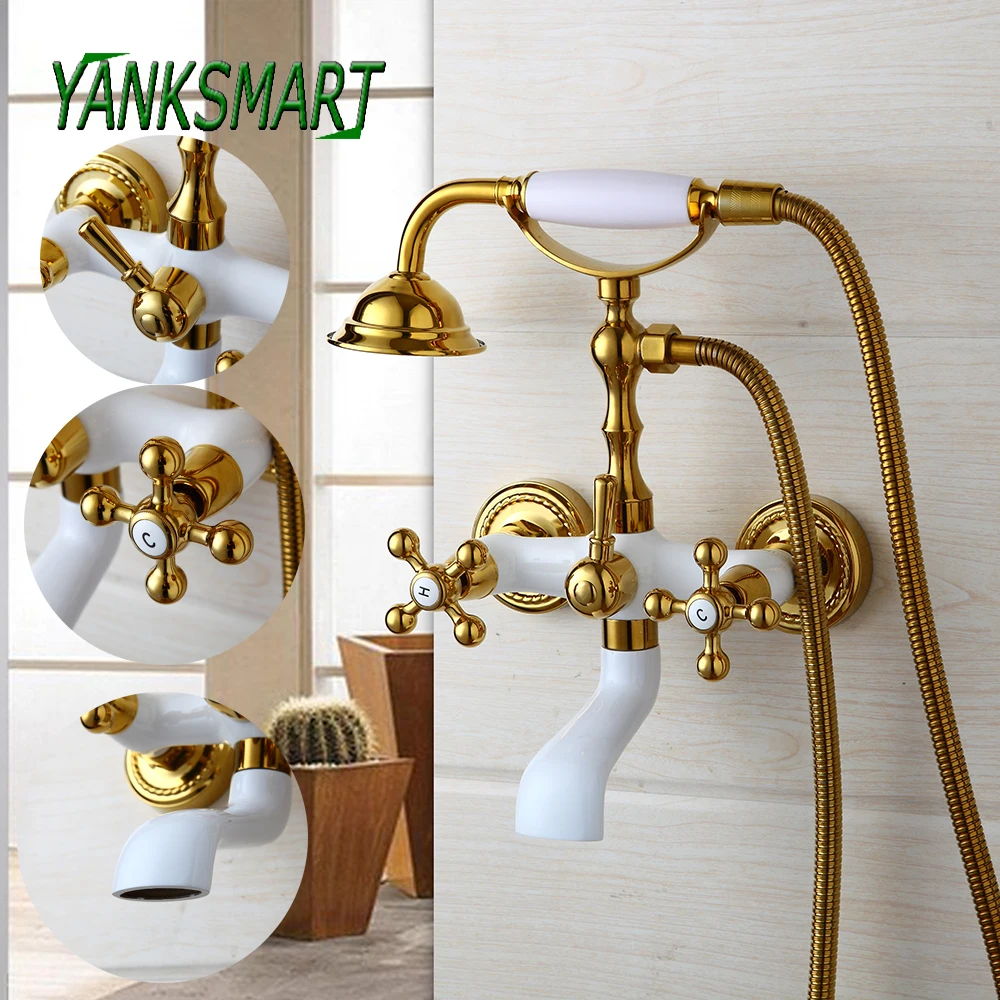 

YANKSMART Golden Polished /White Spray Paint Bathroom Bathtub Shower Faucet Set Cold And Hot Mixet Showers Tap Wall Mounted Taps