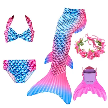 

5PCS Kids Mermaid Tail Swimsuits Girls Swimmable Bikini Set Mermaid Tails Swimwear Mermaid Beach Cosplay Costumes with Monofin