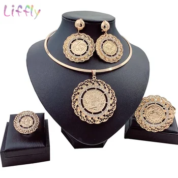 

Liffly Bridal Gift Dubai Gold Jewelry Sets for Women Fashion Choker Necklace Nigerian Wedding Big African Beads Jewelry Set