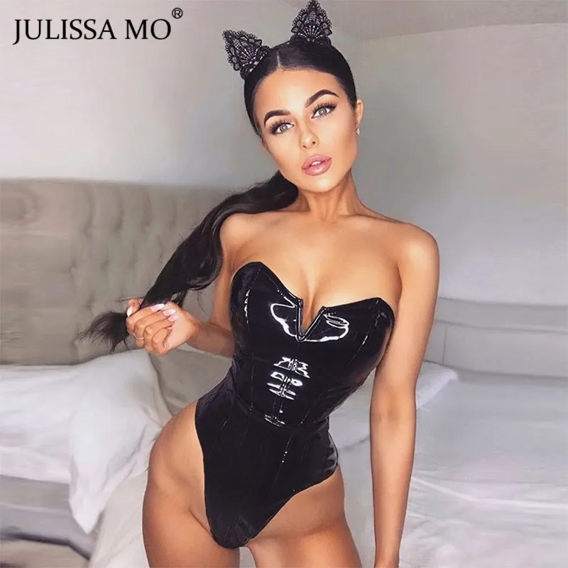 Julissa mo черный сексуальный боди из искусственной кожи женские Топы без бретелек с