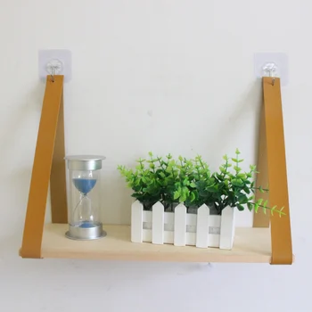 

New Wooden Retro Hanging Rack Floating Shelf Wall Decoration Nordic Style Household Shelf With Leather Belt