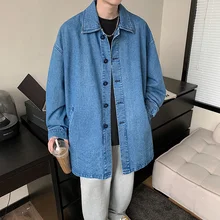 

Cotton Denim Trench Coat Men Fashion Retro Oversize Long Coat Men Streetwear Korean Loose Windbreaker Denim Jacket Mens Overcoat