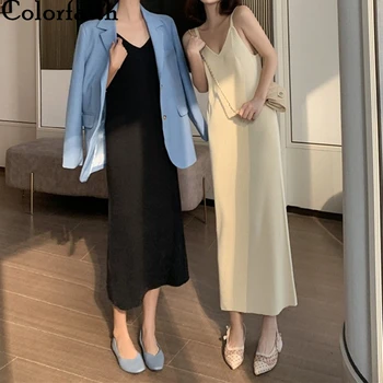 

Colorfaith New 2020 Summer Women Dresses Knitting V-Neck Bottoming Elegant Sexy Casual Sundress Elasticity Long Dress DR4866