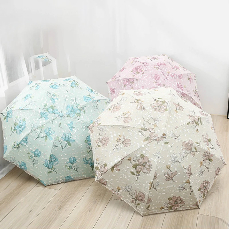 

Lace Embroidery Umbrella Elegant Lady Sunshade Black Rubber Three Folding Princess Sweet Lace Parasol Anti-uv Sun/rain Umbrellas