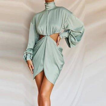 

2019 New Fashion Mint Green Long Sleeve Women Dress Sexy Mini Club Solid Summer Celebrity Party Vestidos