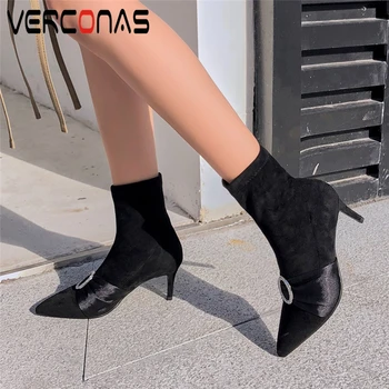 

VERCONAS Sexy Fashion Women Ankle Boots Autumn Winter Shoes Woman Thin Heels Rhinestone Pointed Toe Short Boots Stretch Boots