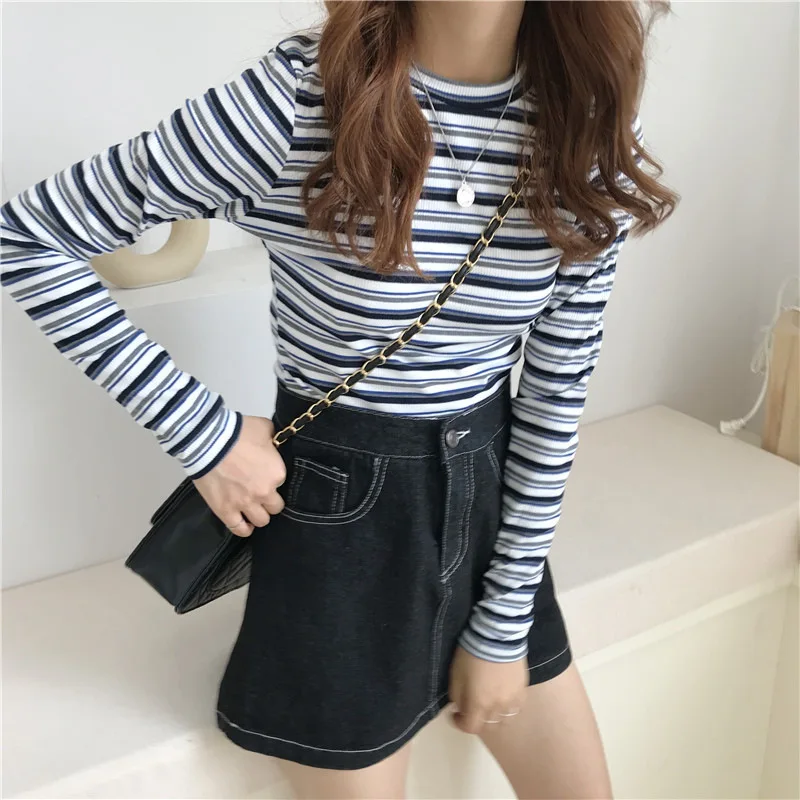 

2019 Autumn New Arrival Korean Style CHIC Short Section Blue & White Striped Loose Long-sleeved T-shirt Free Shipping
