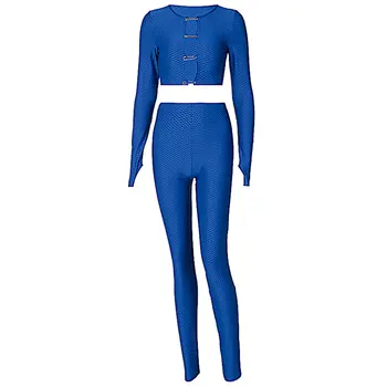 

Women's 2 Piece Outfits, Casual Long Sleeve Single-Row Clasp Crop Top + Pants Set Loungewear
