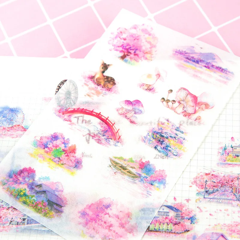 6 Sheets /Pack Pink Sakura Small Town Washi Paper Stickers DIY Album Hand Account Decoration afbeelding