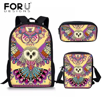 

FORUDESIGNS 2020 School Backpack Set 3D Owl Cartoon Prints Casual Children 3pcs School Bags Canvas Schoolbags Satchel For Teen