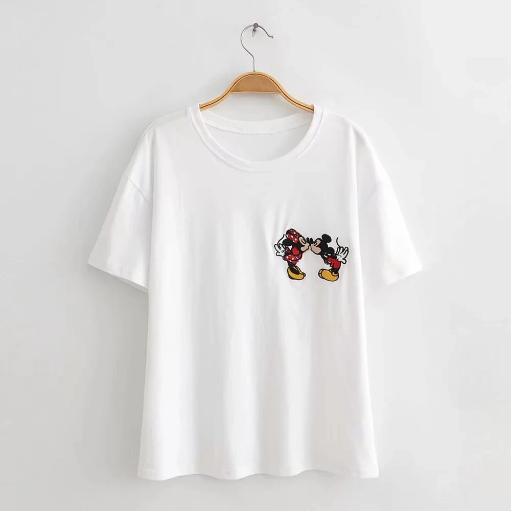 Белая футболка с вышивкой Микки и Минни, топы оверсайз, футболки для женщин, топы, футболки из хлопка с рисунком, короткие, с графическим принтом - Цвет: Белый
