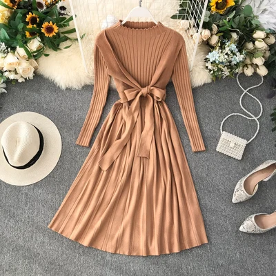 ALPHALMODA/осенне-зимнее Новое Стильное вязаное платье из 2 предметов с бантом и поясом, плиссированное ТРАПЕЦИЕВИДНОЕ женское повседневное плотное трикотажное платье