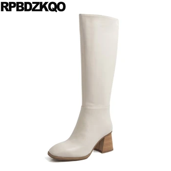 

chunky genuine leather beige tall retro designer shoes women luxury 2019 vintage boots knee high heel winter fur square toe long