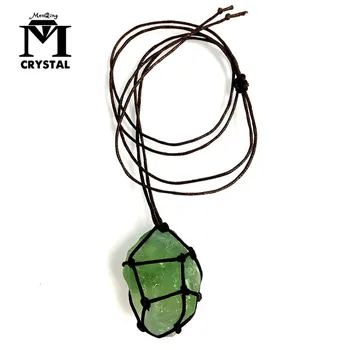 

Natural Emerald Crystal Pendant Healing Gemstone Wand Reiki Green Fluorite Wrap Braid Necklace Yoga Macrame For Men Women