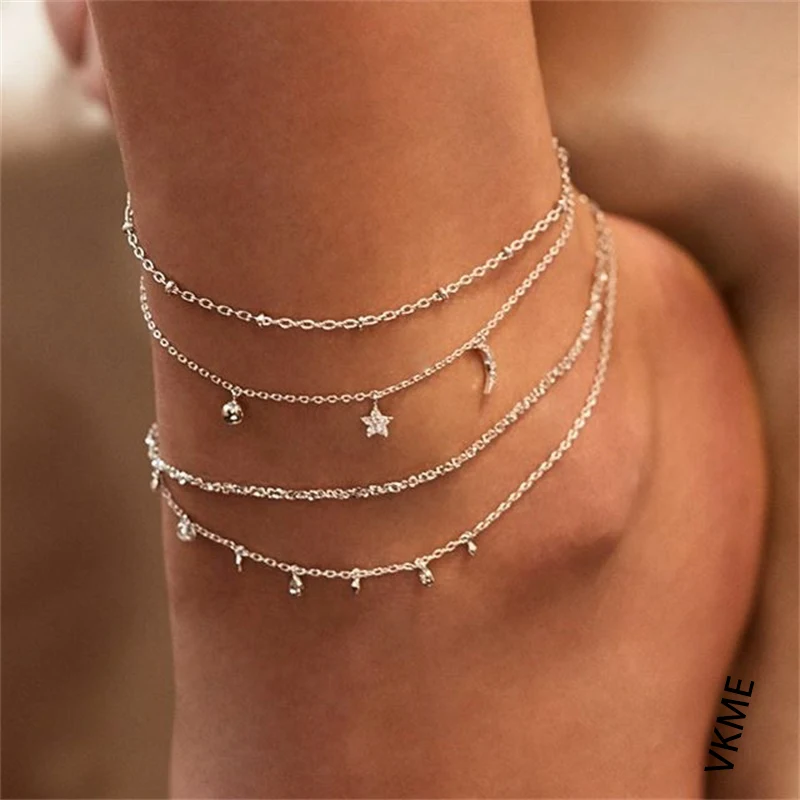 TRENDY Multilayer Star Moon Moonstone Anklet Beach Jewelry TRENDY Multilayer Star Moon Moonstone Anklet Beach Jewelry