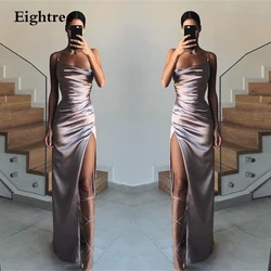 Eightree Simple Satin Spaghetti Straps Evening Dress Side Slit Sleeveless Floor Length Prom Gowns Formal Party Dresses Vestidos