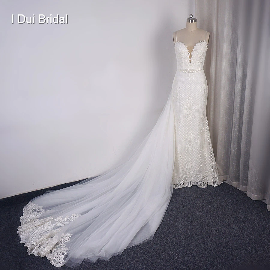 Detachable Train Sheath Wedding Dress High Quality Lace Low Back Deep V ...