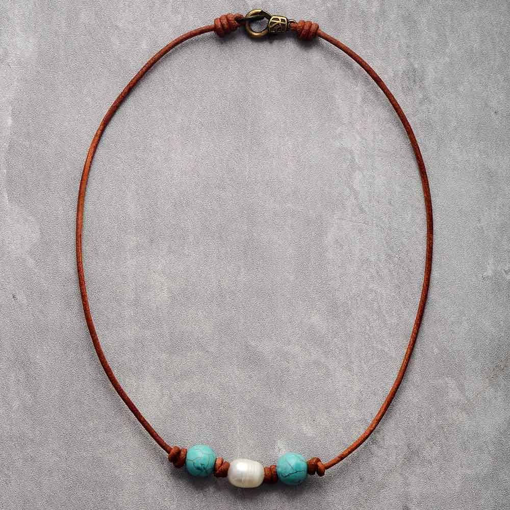 Natural Freshwater Pearl Turquoises Leather Choker Necklace Women Bohemia Charm Beaded Vintage Necklace OL Jewelry