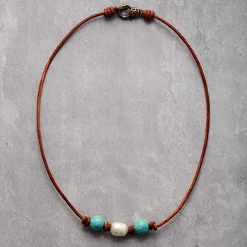 Natural Freshwater Pearl Turquoises Leather Choker Necklace Women Bohemia Charm Beaded  Vintage Necklace OL Jewelry