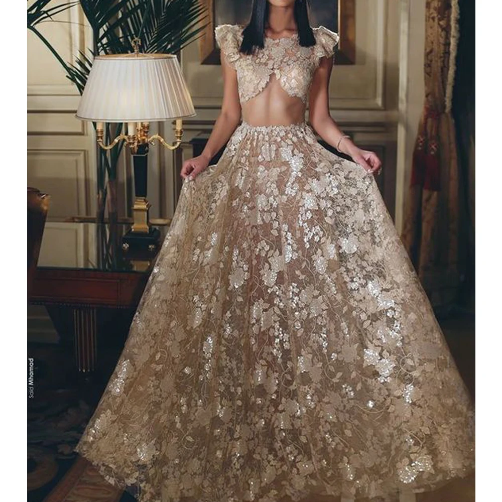 

champagne prom dresses 2020 cap sleeve a line evening dresses lace two pieces evening gowns