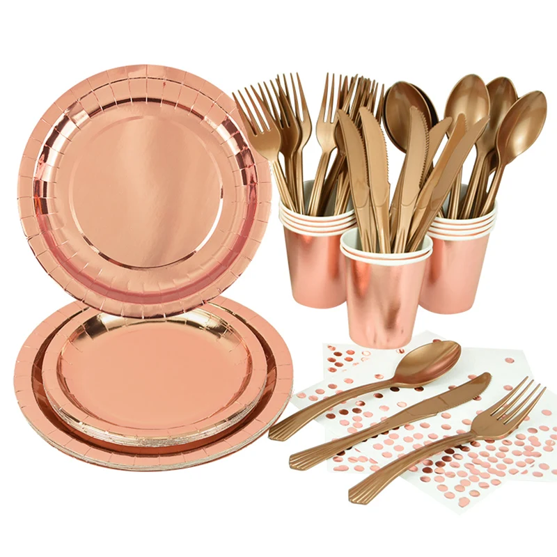 Rose Gold Party Disposable Tableware Set Paper Plate Cup Kids Adult Birthday Wedding Bachelorette Party Decoration Baby Shower