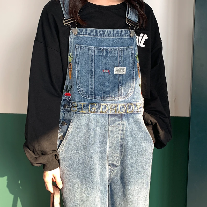 Harajuku/джинсы с вышитыми фруктами; женские осенние брюки; хлопковые винтажные брюки на лямках; Свободные Комбинезоны с высокой талией; джинсовый комбинезон для женщин