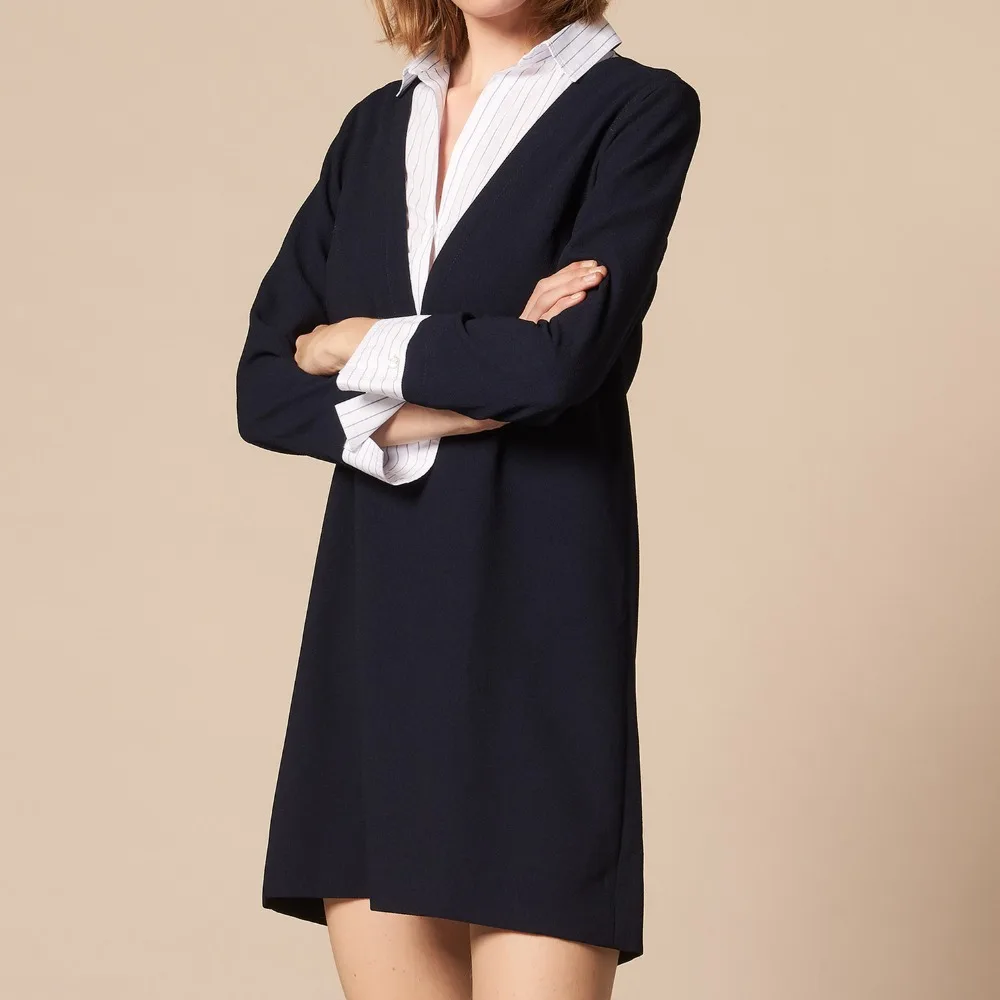 

New Autumn Winter Women Mini Dress Stitching Fake Two Piece Set Long-Sleeved V-Neck Short Dress Ladies Casual Female Clothing