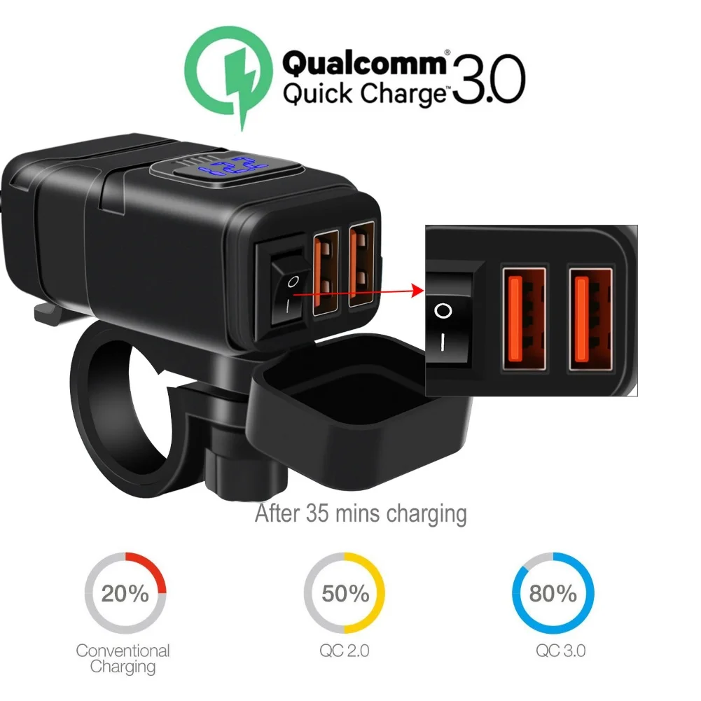 Мотоцикл QC3.0 Быстрая зарядка двойной USB зарядное устройство адаптер питания с вольтметром