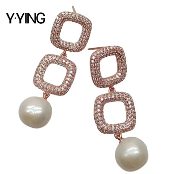 

Y·YING White freshawater Pearl Cubic Zirconia Pave Rose Gold color Plated Square Dangle Earrings