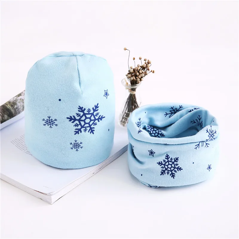 light blue snow set Лидер продаж, весенне-Осенняя шапка для девочек, шарф, комплект с рисунком совы, звезды, лебедя, шапка для маленьких мальчиков и девочек, детская шляпа, шарф-воротник, комплект хлопковой детской шапки - Цвет: light blue snow set