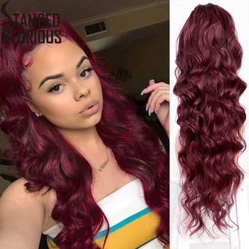 

Stamped Glorious Wavy Ponytail Extension for Women Synthetic Long Drawstring Wave Ponytail Clip in Hairpiece Black Fake Hair