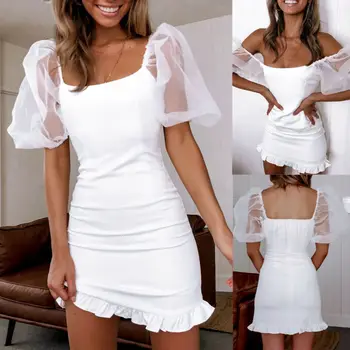 

UK Women White Bodycon Mesh Puff Sleeve Dress Party Cocktail Short Mini Dresses