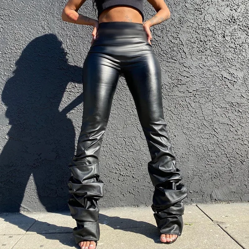TK009 PU Leather Stacked Pants for Women Sexy Black High Waist Sweatpants  Long Flare Trousers Joggers Bell Bottoms Leggings|Pants u0026 Capris| -  AliExpress