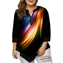

4XL Plus Size Women Long Sleeve Tops Button V Neck Loose T Shirt Ladies Casual Gradient Print Female Tee Party Autumn Streetwear