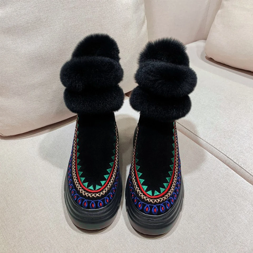 

BELLECOM New Winter womanShoes short Shoes and Furry Warm Snow Boots, Thick-soled Rabbit Fur Boots