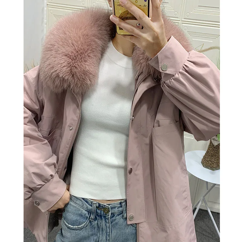 Sale 2019 new Parka Winter Real Fur Coat Jacket Women Natural Fox Fur Collar Detachable Rex Rabbit Liner Loose Outerwear 0