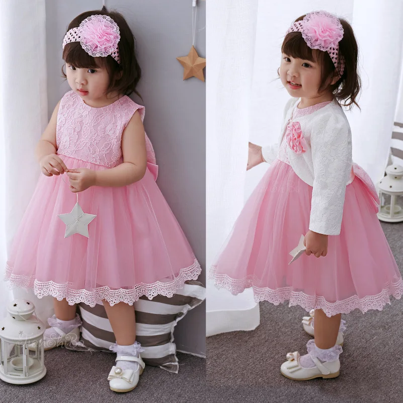 

2018 Baby Pink Formal Dress Set BABY'S FIRST Month a Year of Age Infant Lace Princess Dress Children Wedding Dress