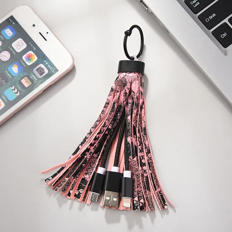 pink Из кожи ПУ, с рисунком под змеиную кожу бахромой брелок с кистями с usb-кабелем для iPhone samsung Быстрая зарядка линии кулон брелок для телефона сумка - Цвет: pink