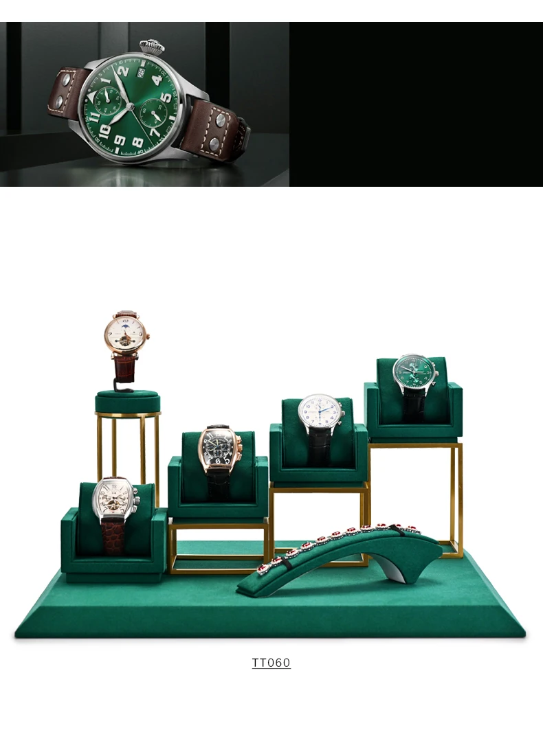 Oirlv Neu Grün Metall Uhr Display Requisiten Set Uhr Display Steht mit Mikrofaser Schmuck Organizer Steht für Shop Schrank – Detail 3