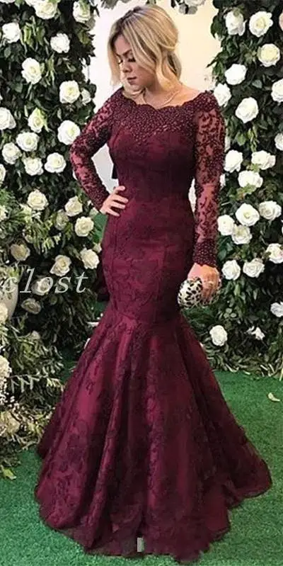 

vestido de noiva 2018 Lace Appliques Beads Long Women Prom Party evening Gowns Long Sleeve Burgundy Mother Of The Bride Dresses