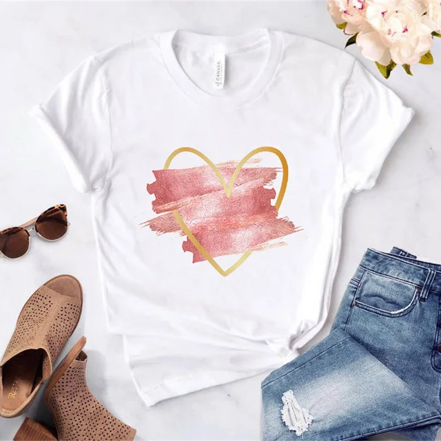 Heart flower print ladies T-shirt ladies casual basis O-collar white shirt short sleeve ladies T-shirt love graphic printing 28763
